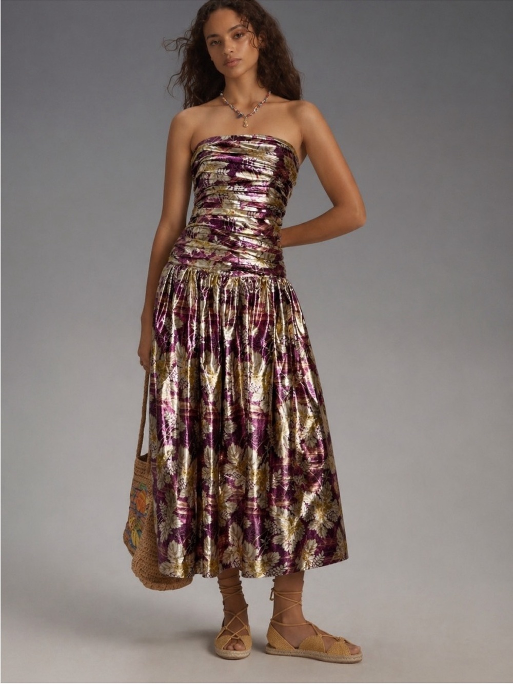 Rhode Strapless Metallic Brocade Midi Dress in Purple and Gold